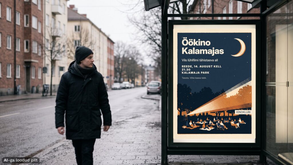 AI-ga loodud tänavavaade: mees möödub bussiootepaviljonist, kus on plakat „Öökino Kalamajas“. Vasakus alanurgas eestikeelne silt „AI-ga loodud pilt“.