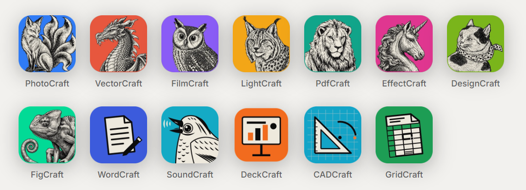 ArtCrafti programmide nimekiri: PhotoCraft, VectorCraft, DesignCraft, FilmCraft, LightCraft, EffectCraft ja PdfCraft