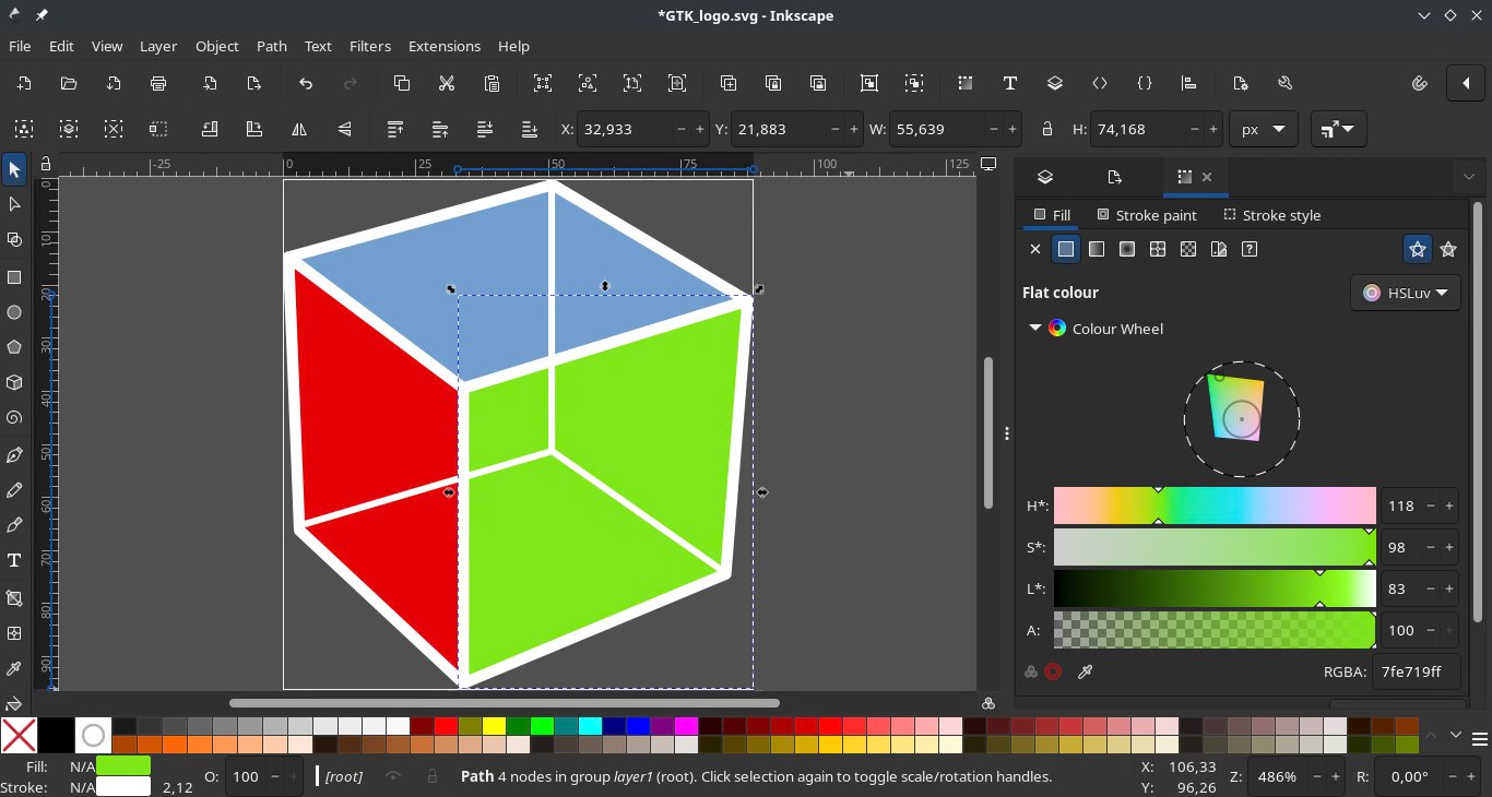 Inkscape 1.4 tasuta vektorgraafika programmi kasutajaliides: kuubi joonis ja täitevärvi paneel