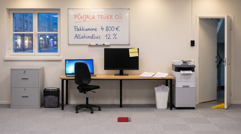 Tühi kontor reede õhtul: laud sülearvuti ja monitoriga, monitoril kollane kleeps, seinal tahvel, kapp, purustaja, printer, prügikast, põrandal mälupulk ja kiiluga lahti hoitud uks