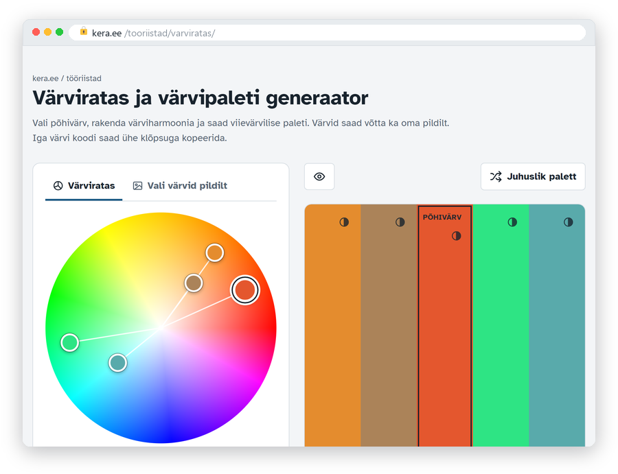 Brauseriaken aadressiga kera.ee/tooriistad/varviratas: värviratas, millel põhivärv on oranžikaspunane, ja viievärviline palett oranžist roheliseni