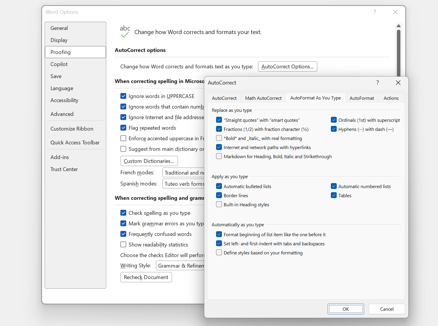 Wordi seadete aken Proofing → AutoCorrect Options, vahekaart AutoFormat As You Type: linnuke kohal „Straight quotes“ with „smart quotes“