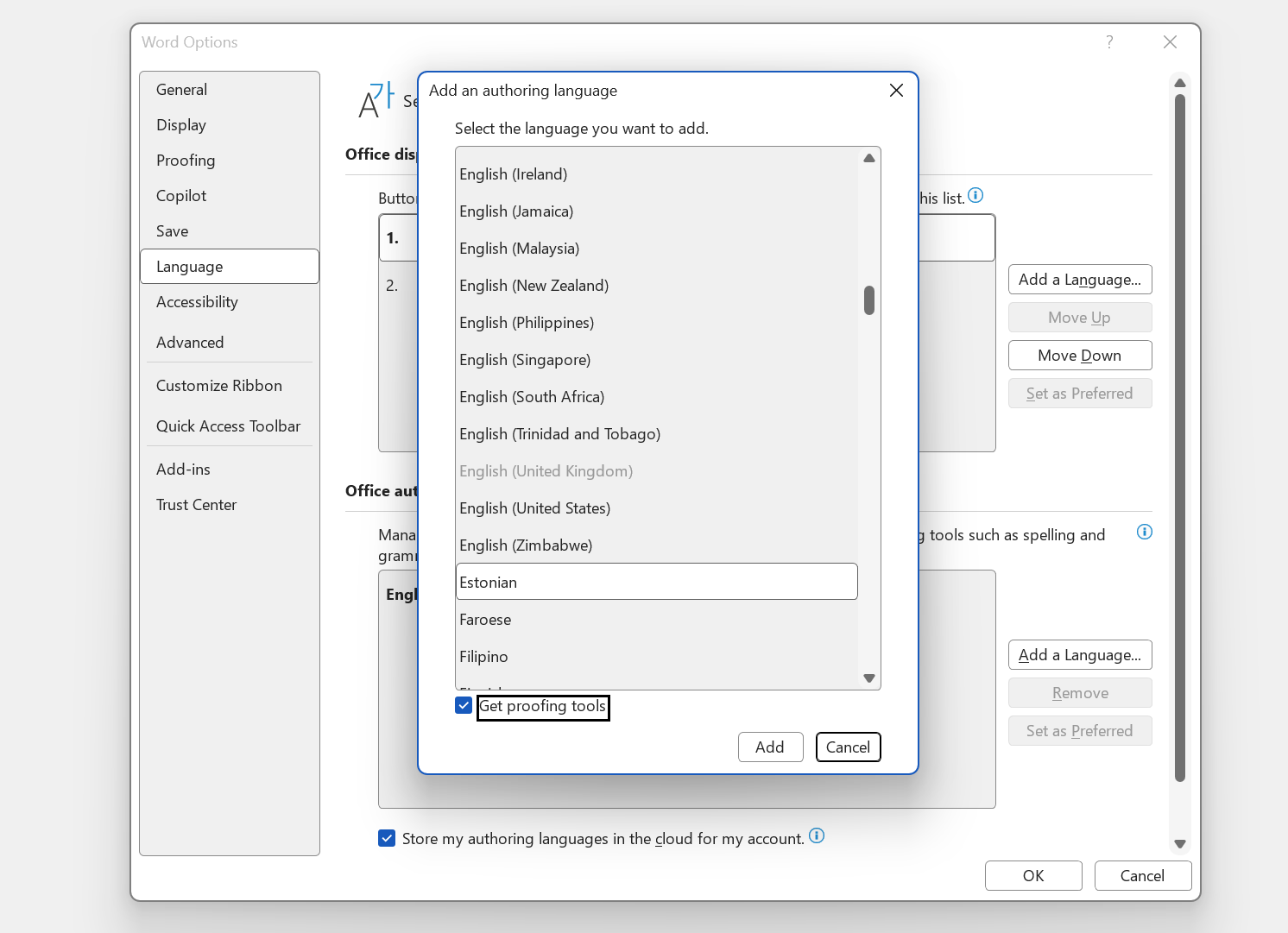 Wordi seadete aken Language: Office authoring languages → Add a Language, loendist valitud Estonian, linnuke kohal Get proofing tools